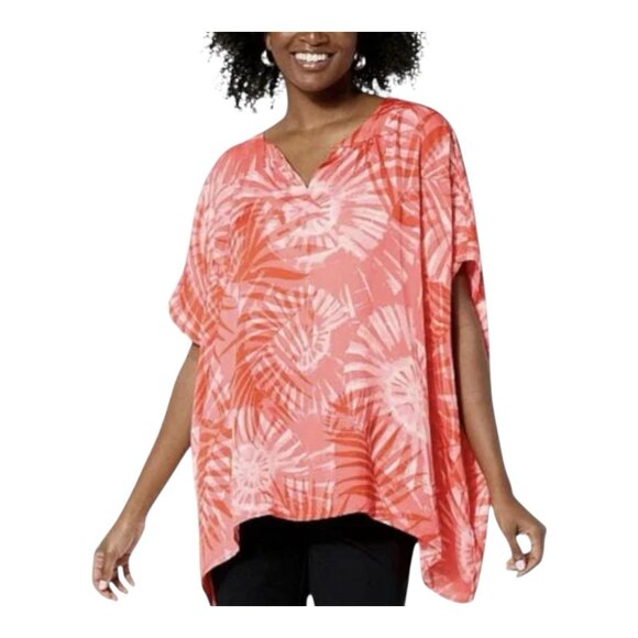 Colleen Lopez Women's Printed Poncho Blouse Size XS/S Maui Calypso Coral - Picture 1 of 7